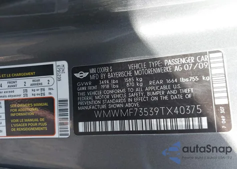 2009 Mini Cooper S z USA, uszkodzony, nr VIN WMWMF73539TX40375